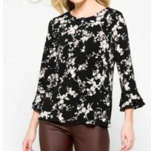 Karl Lagerfeld Women’s Black Floral Crew Neck Keyhole Back Bell Sleeve Blouse S